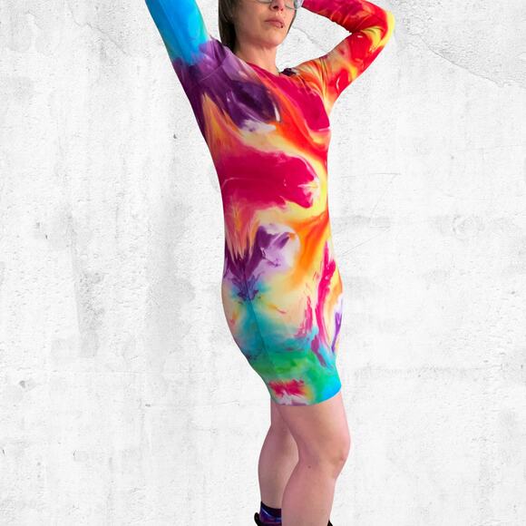 Ice Dyed Bodycon Dress - Long-sleeve Night Out - Rock meets Boho Women's Large - Picture 7 of 11